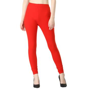 Women Red Solid Elastic Waist Ankle Length Legging 1