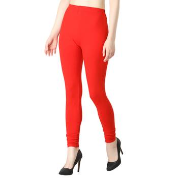 Women Red Solid Elastic Waist Ankle Length Legging 2