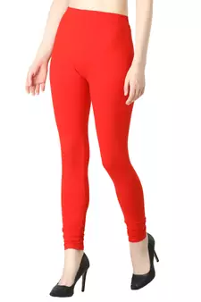 Women Red Solid Elastic Waist Ankle Length Legging