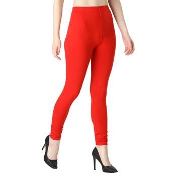 Women Red Solid Elastic Waist Ankle Length Legging 3