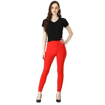 Women Red Solid Elastic Waist Ankle Length Legging 5