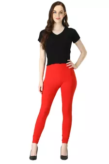 Women Red Solid Elastic Waist Ankle Length Legging