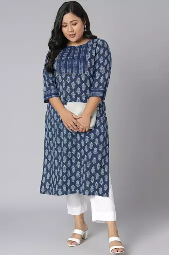 Blue printed cotton kurtas-and-kurtis