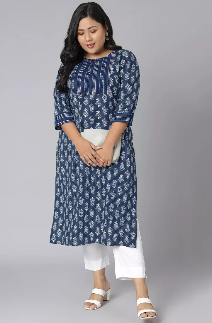 Blue printed cotton kurtas-and-kurtis