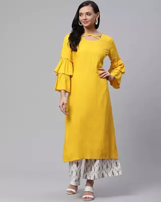 Yellow plain viscose rayon ethnic-kurtis 1