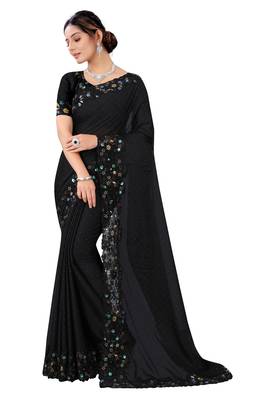 Black embroidered silk blend saree with blouse 1