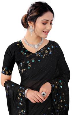 Black embroidered silk blend saree with blouse 2