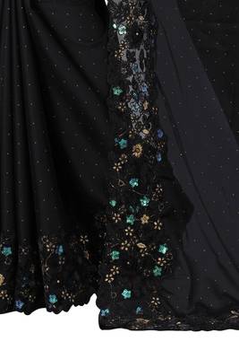Black embroidered silk blend saree with blouse 3
