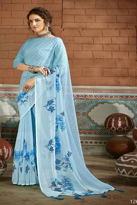 Sky blue printed pure chiffon saree with blouse 1