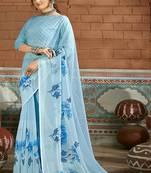 Sky blue printed pure chiffon saree with blouse