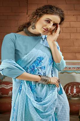Sky blue printed pure chiffon saree with blouse 2