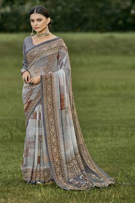 Grey printed georgette saree with blouse 1