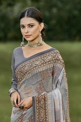 Grey printed georgette saree with blouse 2