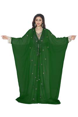 Dark Green Embroidered Kaftan With Jacket 1