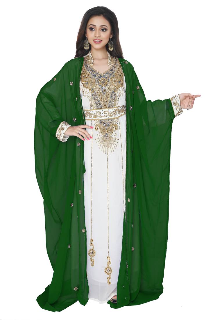 Dark Green Embroidered Kaftan With Jacket