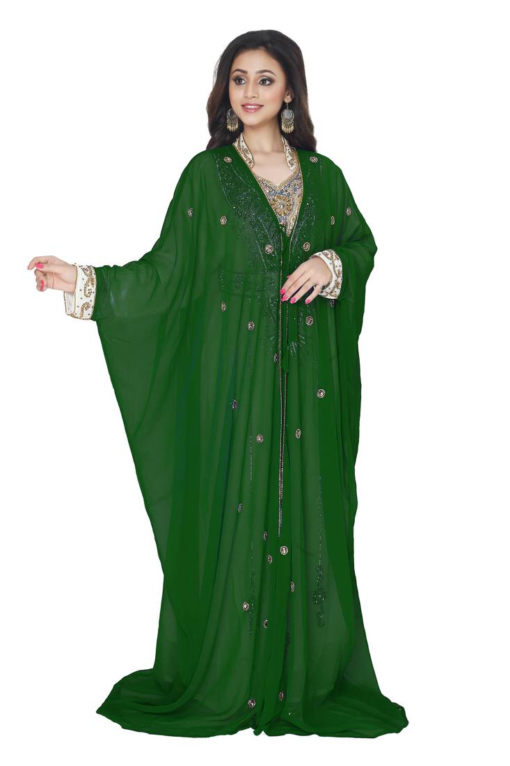 Dark Green Embroidered Kaftan With Jacket