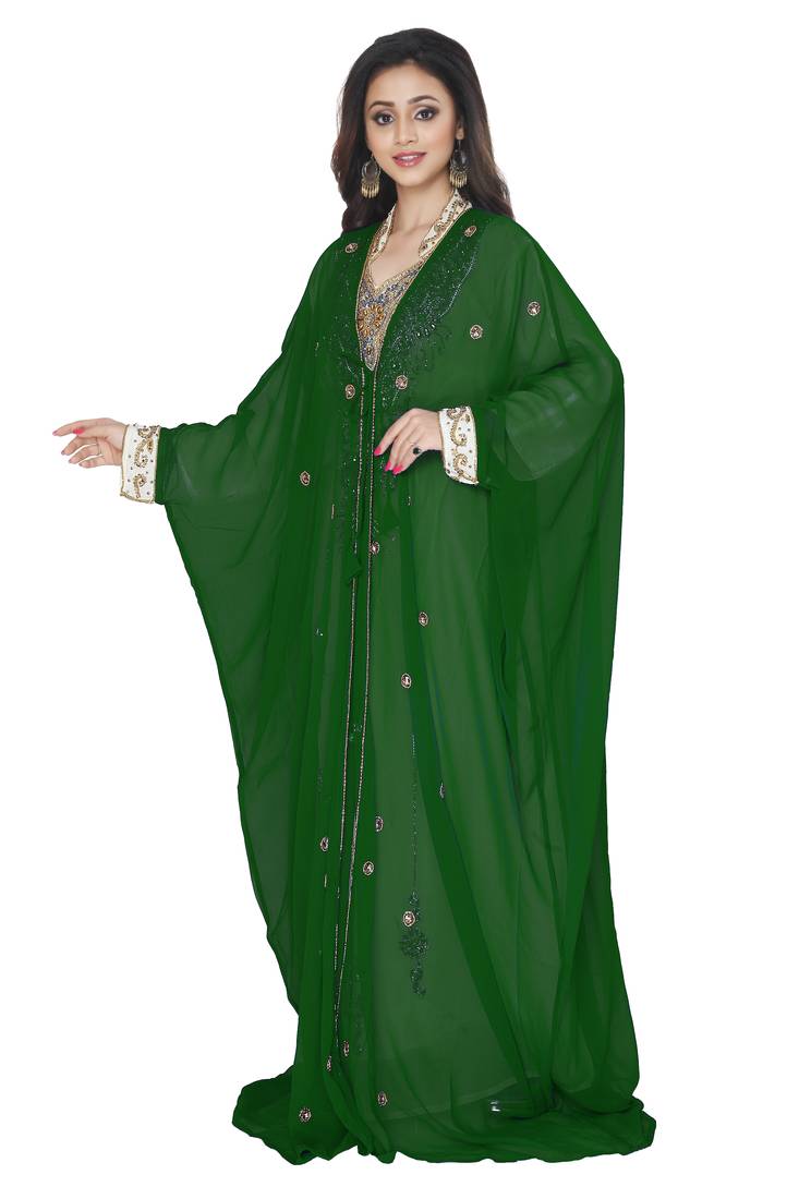 Dark Green Embroidered Kaftan With Jacket