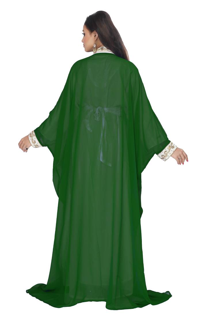 Dark Green Embroidered Kaftan With Jacket