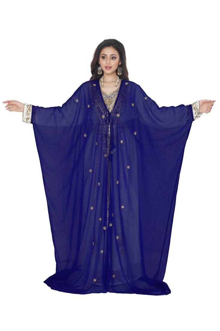 Dark Blue Embroidered Kaftan With Jacket