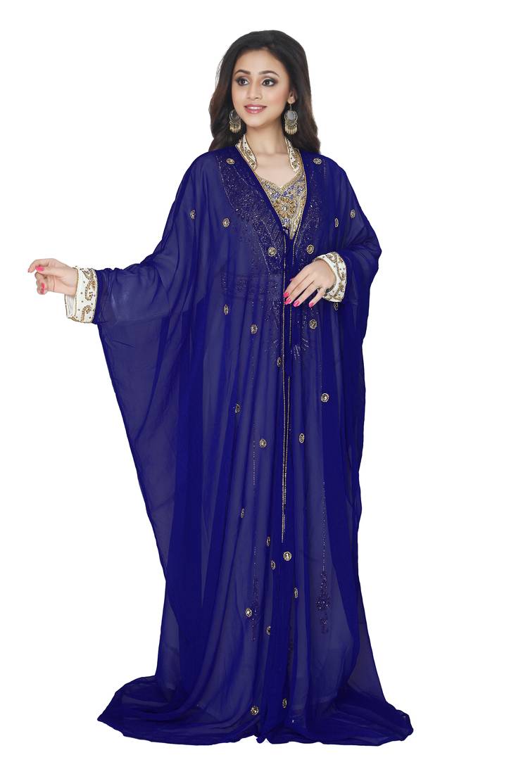 Dark Blue Embroidered Kaftan With Jacket