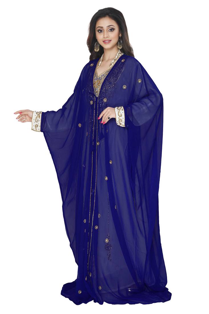 Dark Blue Embroidered Kaftan With Jacket