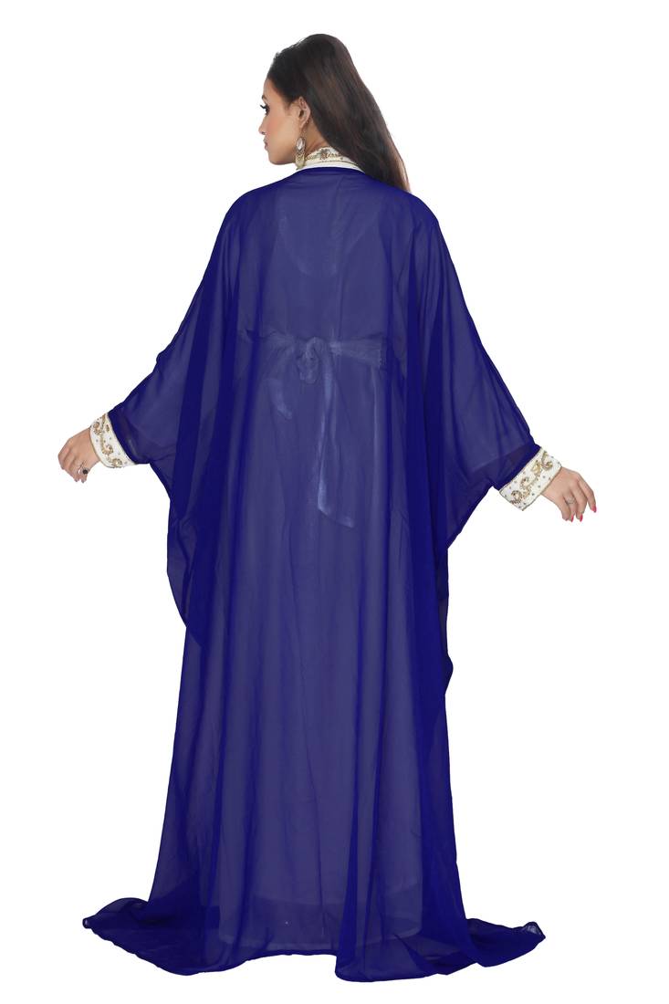 Dark Blue Embroidered Kaftan With Jacket