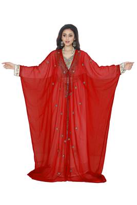 Red Stone Zari Work Gerogette Kaftan With Jacket 2