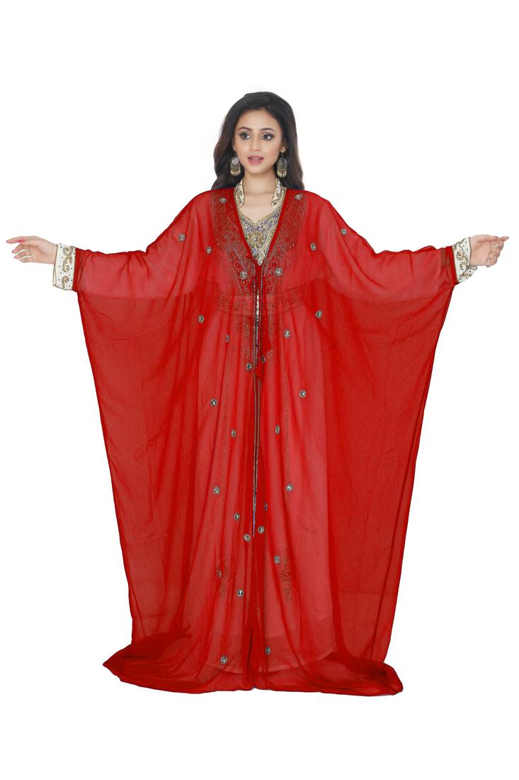 Red Stone Zari Work Gerogette Kaftan With Jacket