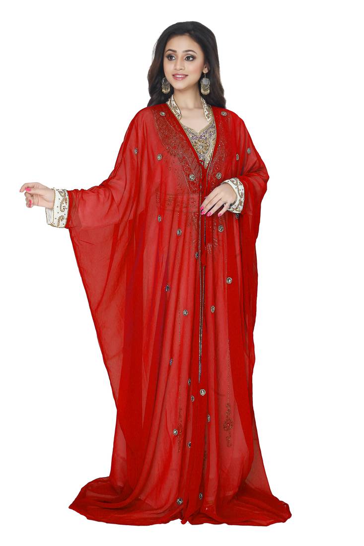 Red Stone Zari Work Gerogette Kaftan With Jacket