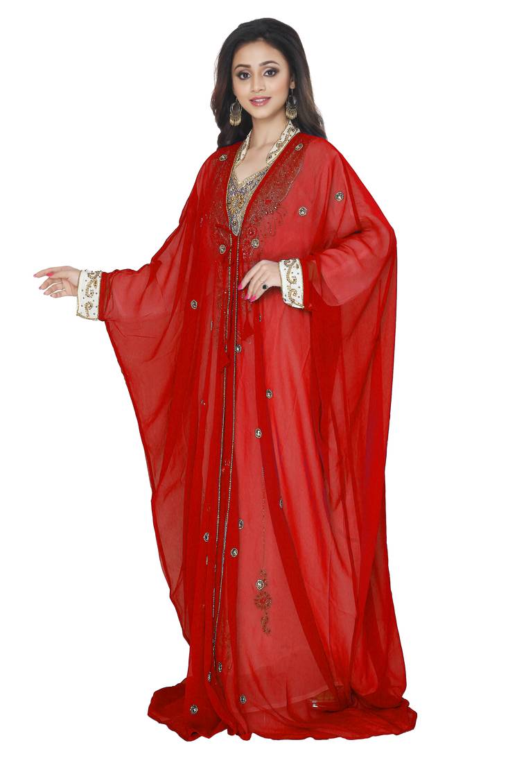 Red Stone Zari Work Gerogette Kaftan With Jacket