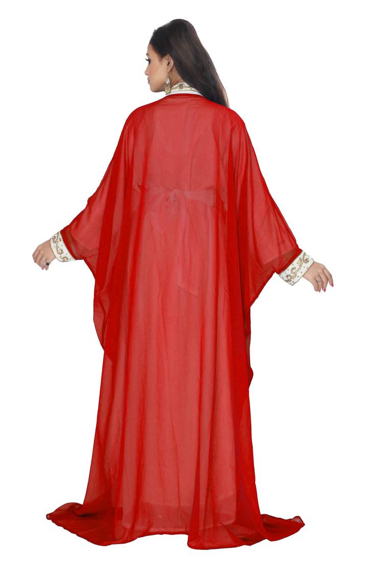 Red Stone Zari Work Gerogette Kaftan With Jacket