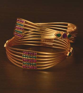 Ruby and Emerald Embellished Matte Finish Temple Bangles BD560 1