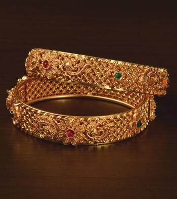 Ruby and Emerald Embellished Matte Finish Temple Bangles BD561 1