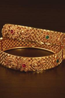 Ruby and Emerald Embellished Matte Finish Temple Bangles BD561