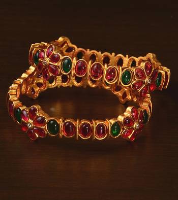 Ruby and Emerald Embellished Matte Finish Temple Bangles BD562 1