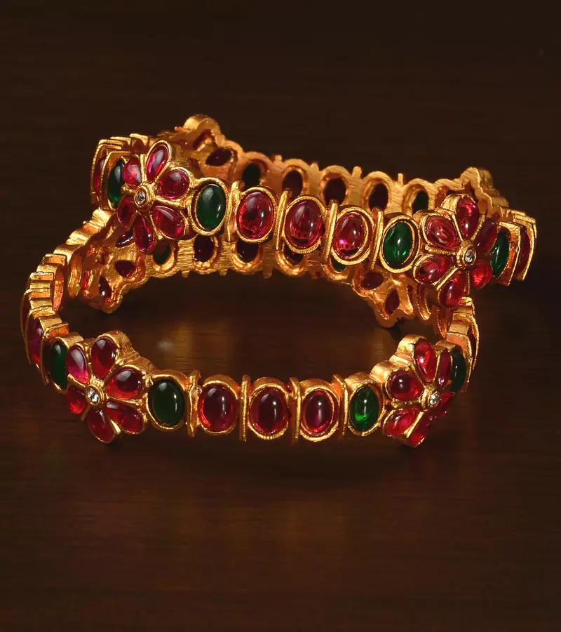Ruby and Emerald Embellished Matte Finish Temple Bangles BD562