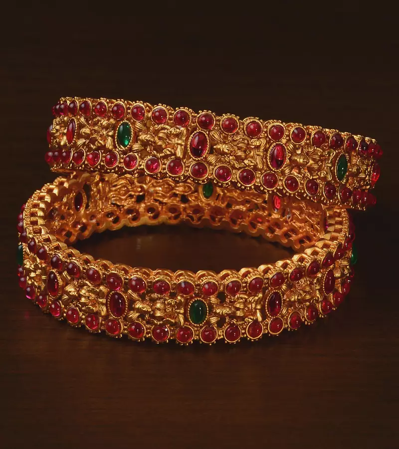 Ruby and Emerald Embellished Matte Finish Temple Bangles BD564