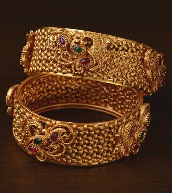 Ruby and Emerald Embellished Matte Finish Temple Bangles BD565 1