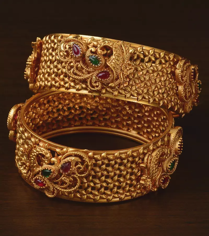 Ruby and Emerald Embellished Matte Finish Temple Bangles BD565