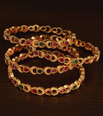 Ruby and Emerald Embellished Matte Finish Temple Bangles BD567 1