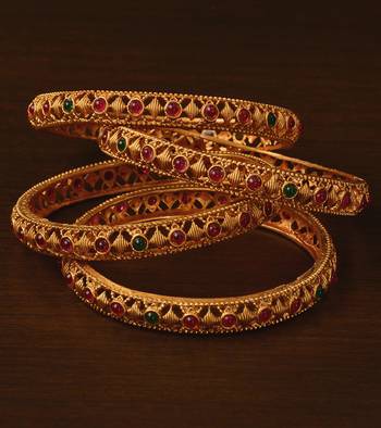 Ruby and Emerald Embellished Matte Finish Temple Bangles BD568 1