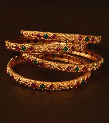 Ruby and Emerald Embellished Matte Finish Temple Bangles BD570 1