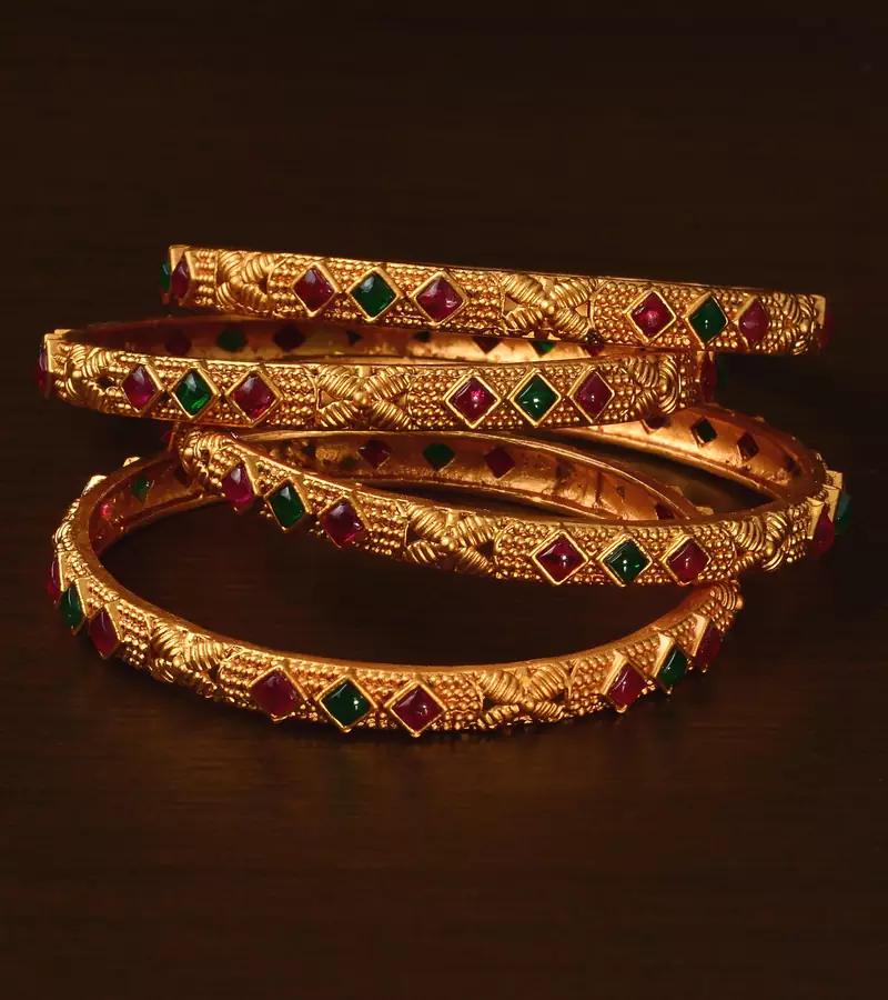 Ruby and Emerald Embellished Matte Finish Temple Bangles BD570