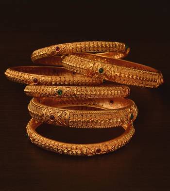 Ruby and Emerald Embellished Matte Finish Temple Bangles BD571 1