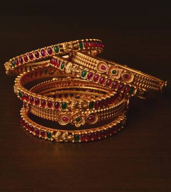 Ruby and Emerald Embellished Matte Finish Temple Bangles BD572 2
