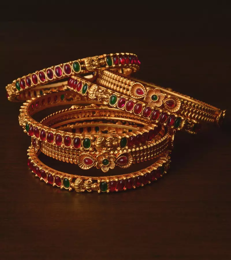 Ruby and Emerald Embellished Matte Finish Temple Bangles BD572