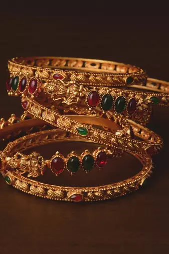 Ruby and Emerald Embellished Matte Finish Temple Bangles BD573