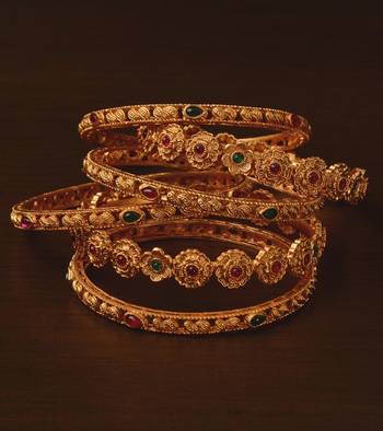 Ruby and Emerald Embellished Matte Finish Temple Bangles BD574 1