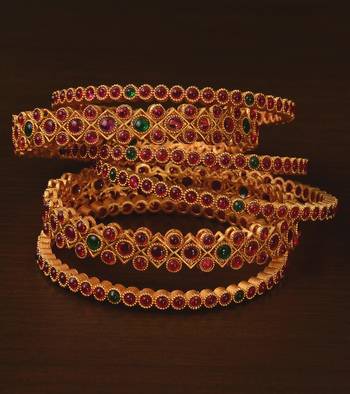 Ruby and Emerald Embellished Matte Finish Temple Bangles BD575 1