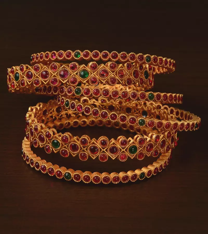 Ruby and Emerald Embellished Matte Finish Temple Bangles BD575